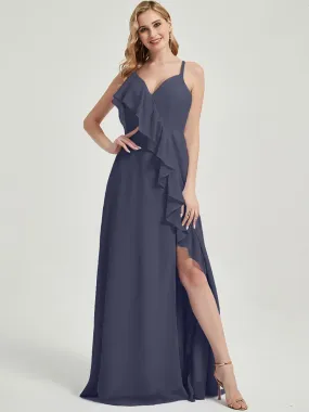 Criss-Cross Straps Ruffles Slit Chiffon Maxi Bridesmaid Dress Stormy