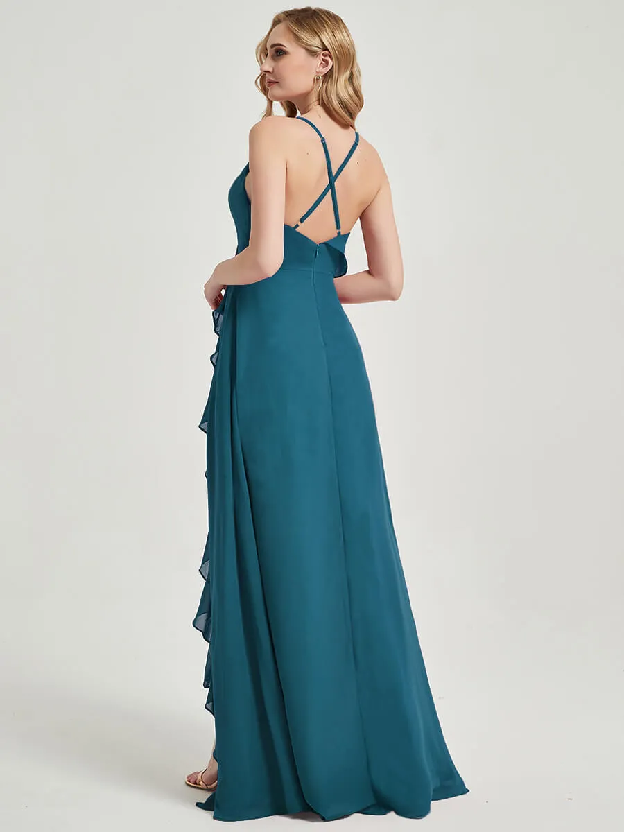 Criss-Cross Straps Ruffles Slit Chiffon Maxi Bridesmaid Dress Teal