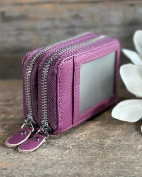 Double Zipped Leather Card Holder Purse - Purple