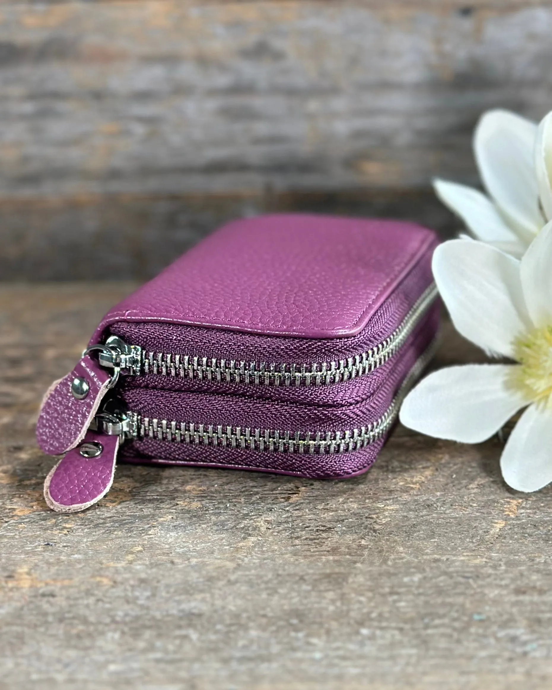 Double Zipped Leather Card Holder Purse - Purple