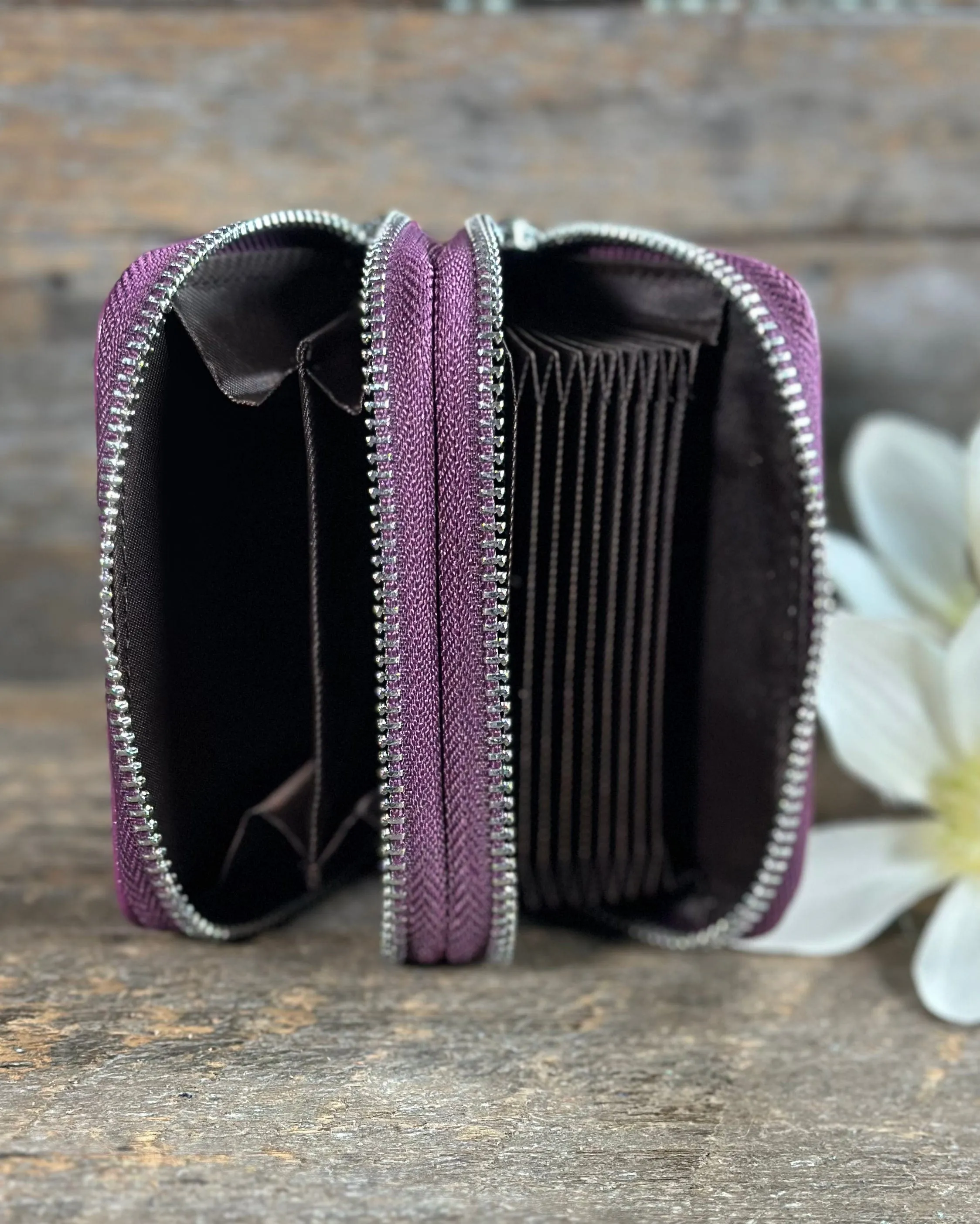 Double Zipped Leather Card Holder Purse - Purple