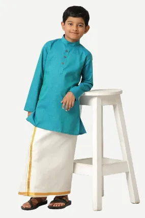 Exotic - Aqua Blue Kurta and Matching Fixit Dhoti 2 In 1 Set For Kids | Uathayam