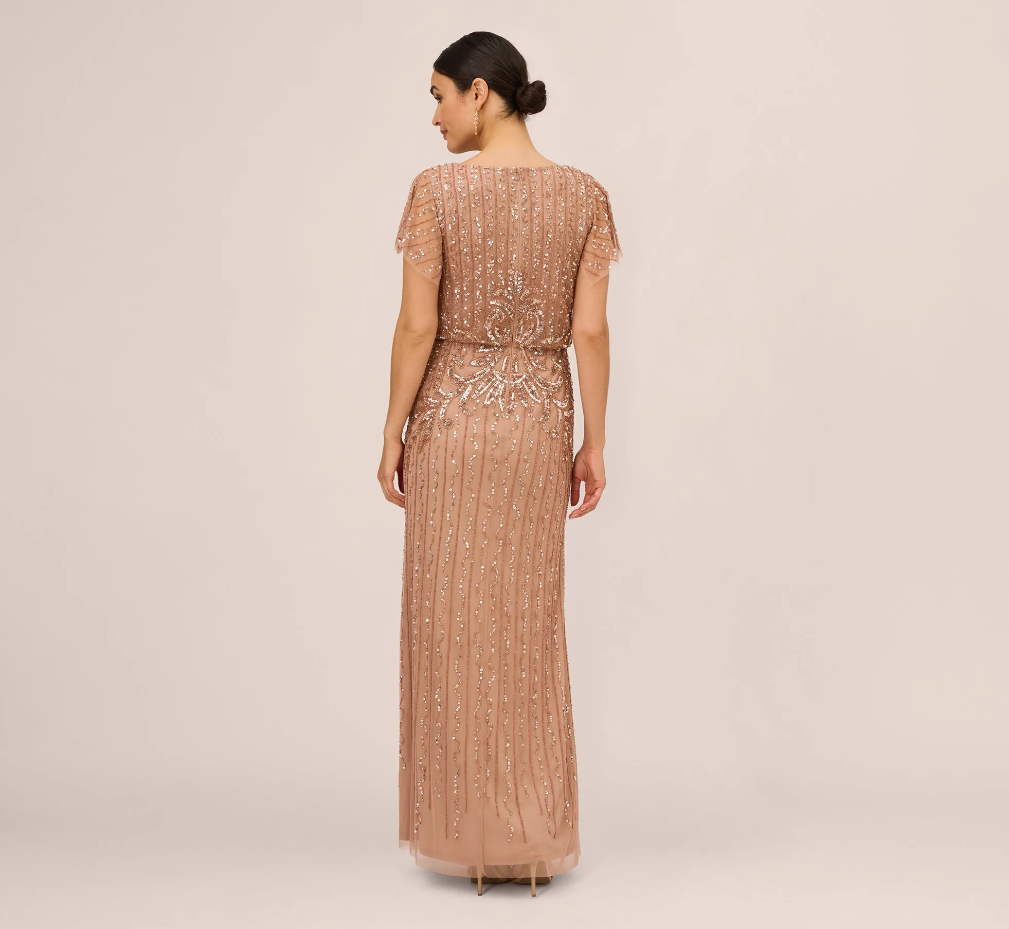 Fleur Beaded Blouson Gown With Sheer Short Sleeves In Rose Gold