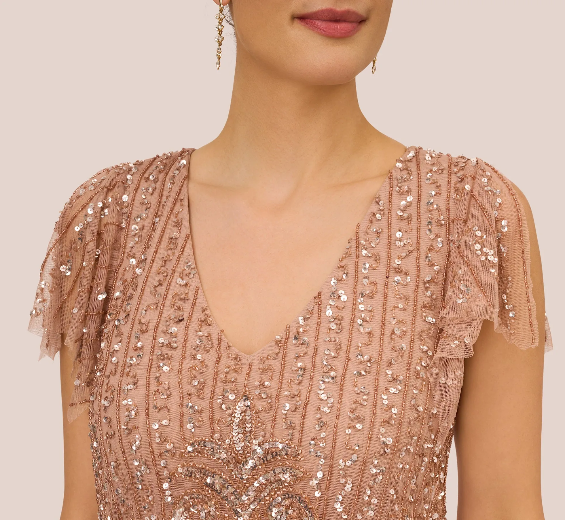 Fleur Beaded Blouson Gown With Sheer Short Sleeves In Rose Gold