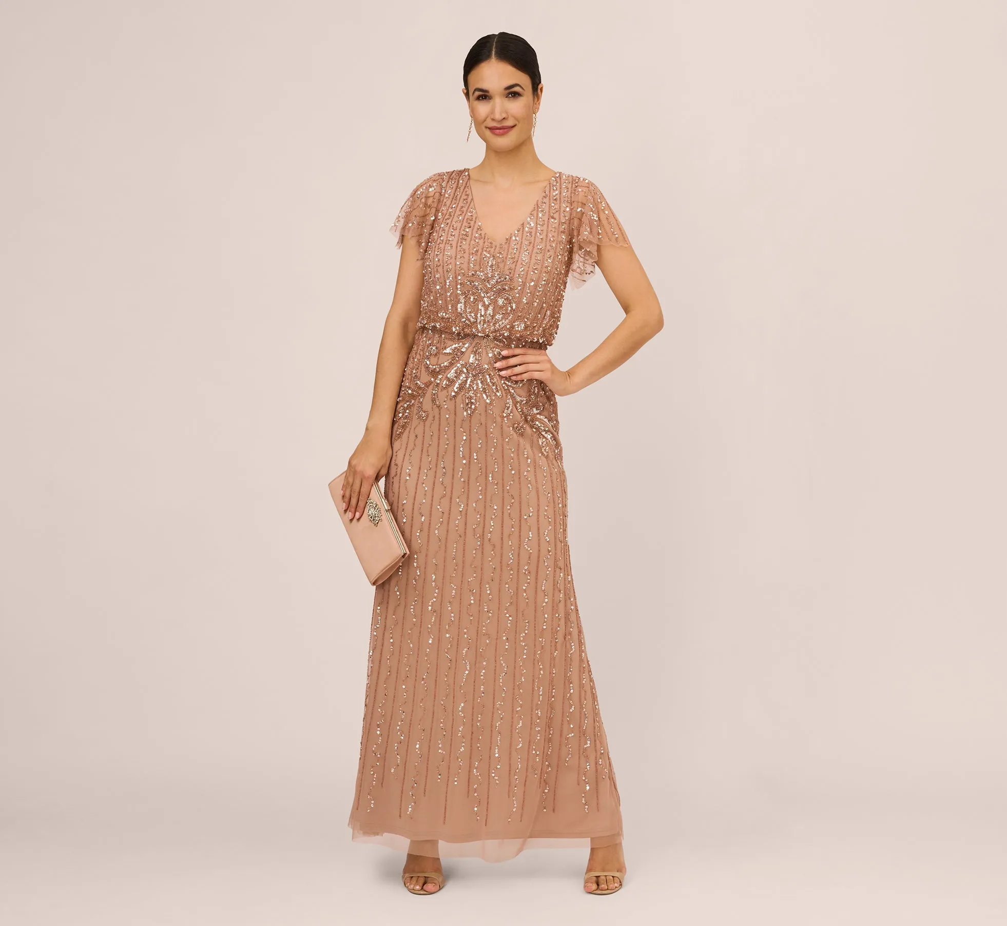 Fleur Beaded Blouson Gown With Sheer Short Sleeves In Rose Gold