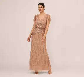 Fleur Beaded Blouson Gown With Sheer Short Sleeves In Rose Gold