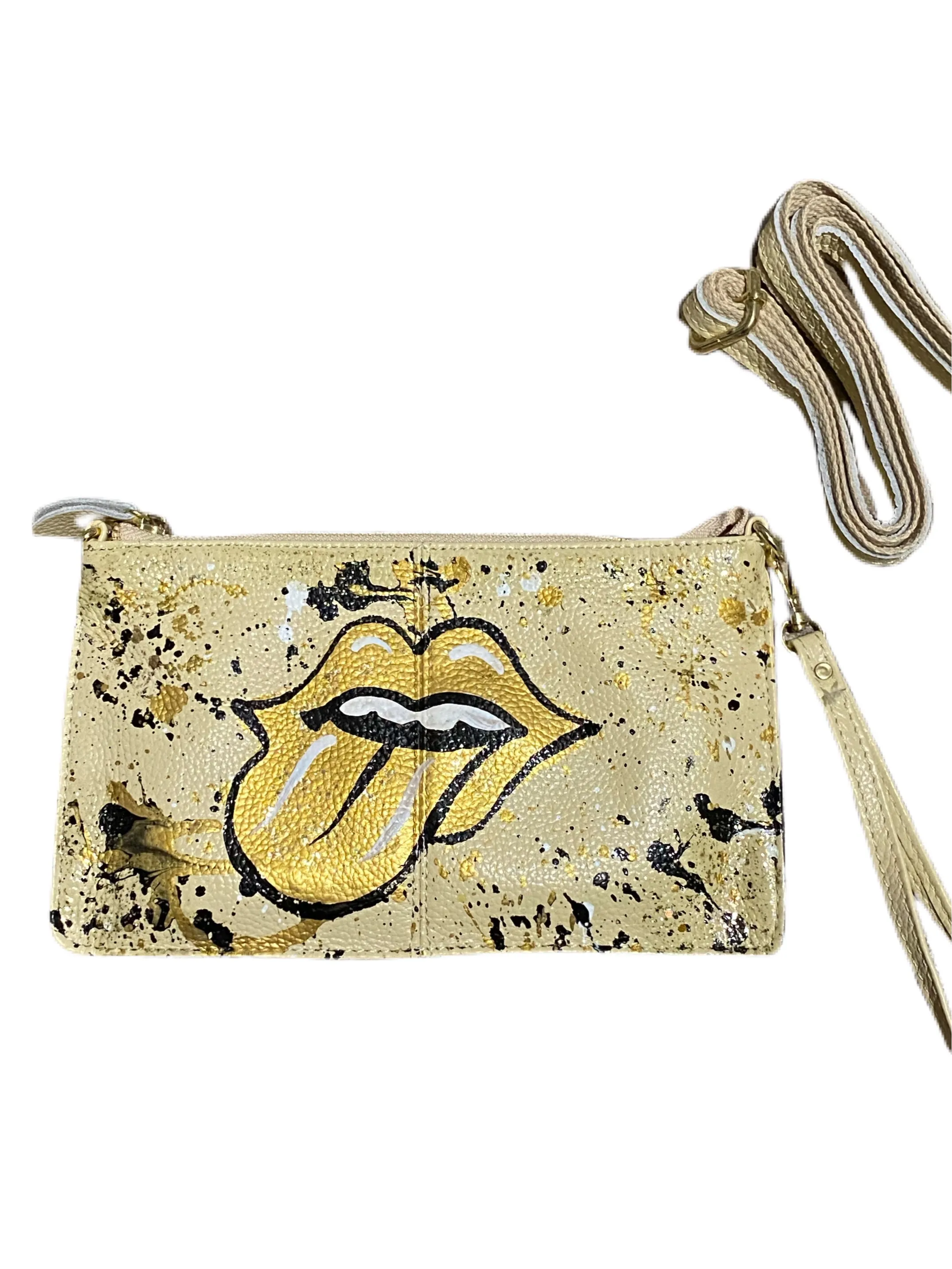 Handpainted Gold Lips Wristlet/Crossbody