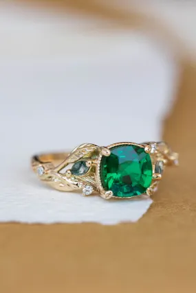 Lab emerald and moss agates branch engagement ring, cushion cut gemstone gold proposal ring / Patricia