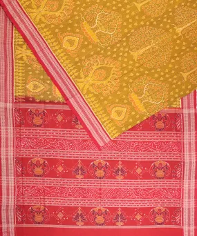 Mustard red cotton handloom sambalpuri saree