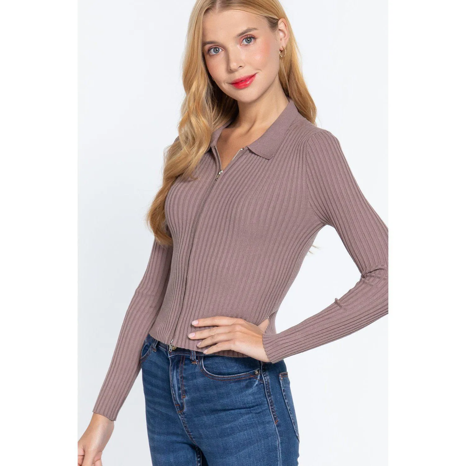 Notched Collar Zippered Sweater