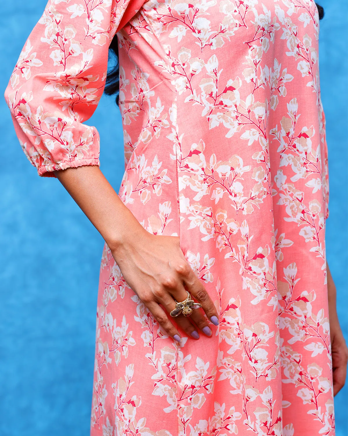 Peach Floral Printed Cotton Kurta Set