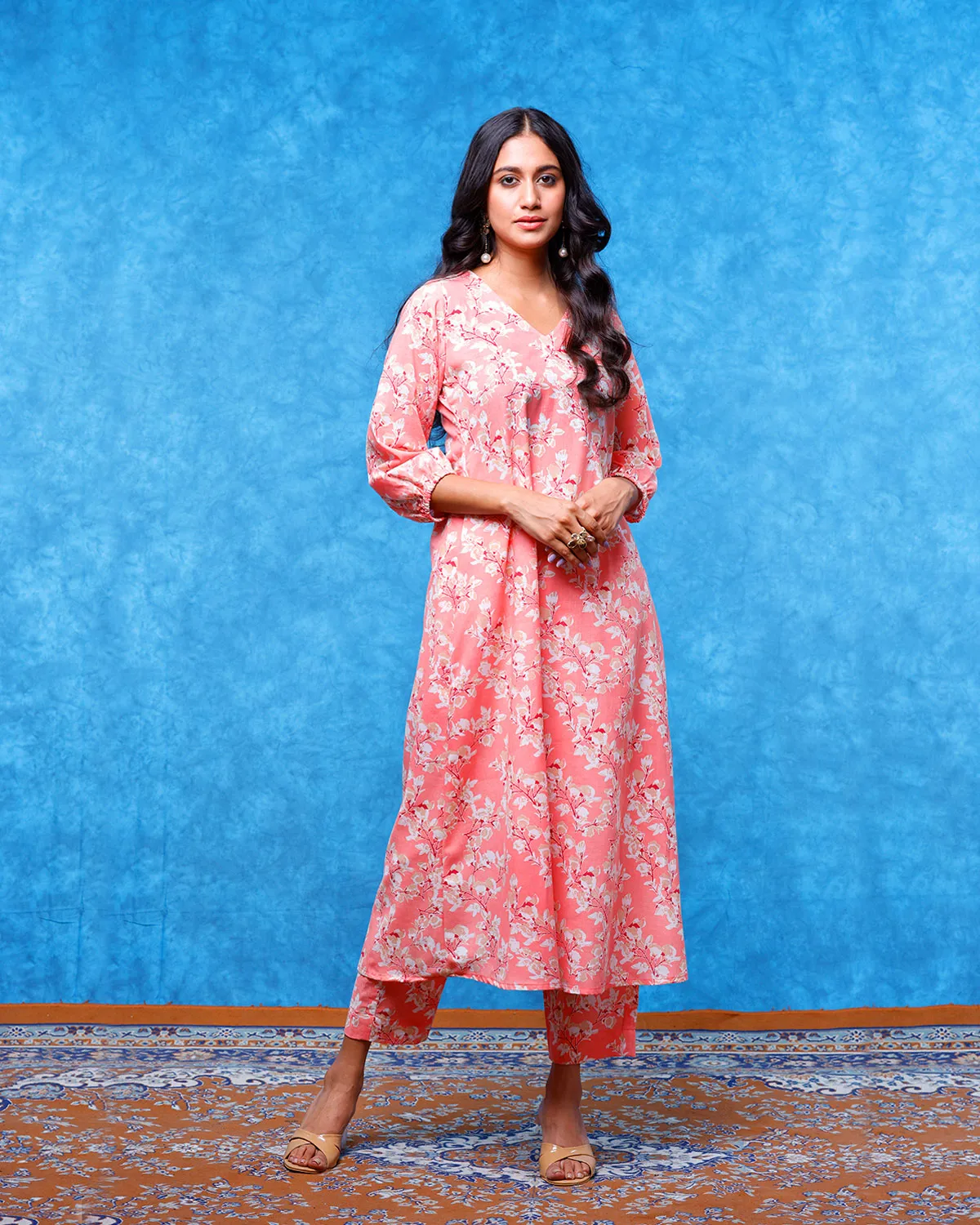 Peach Floral Printed Cotton Kurta Set