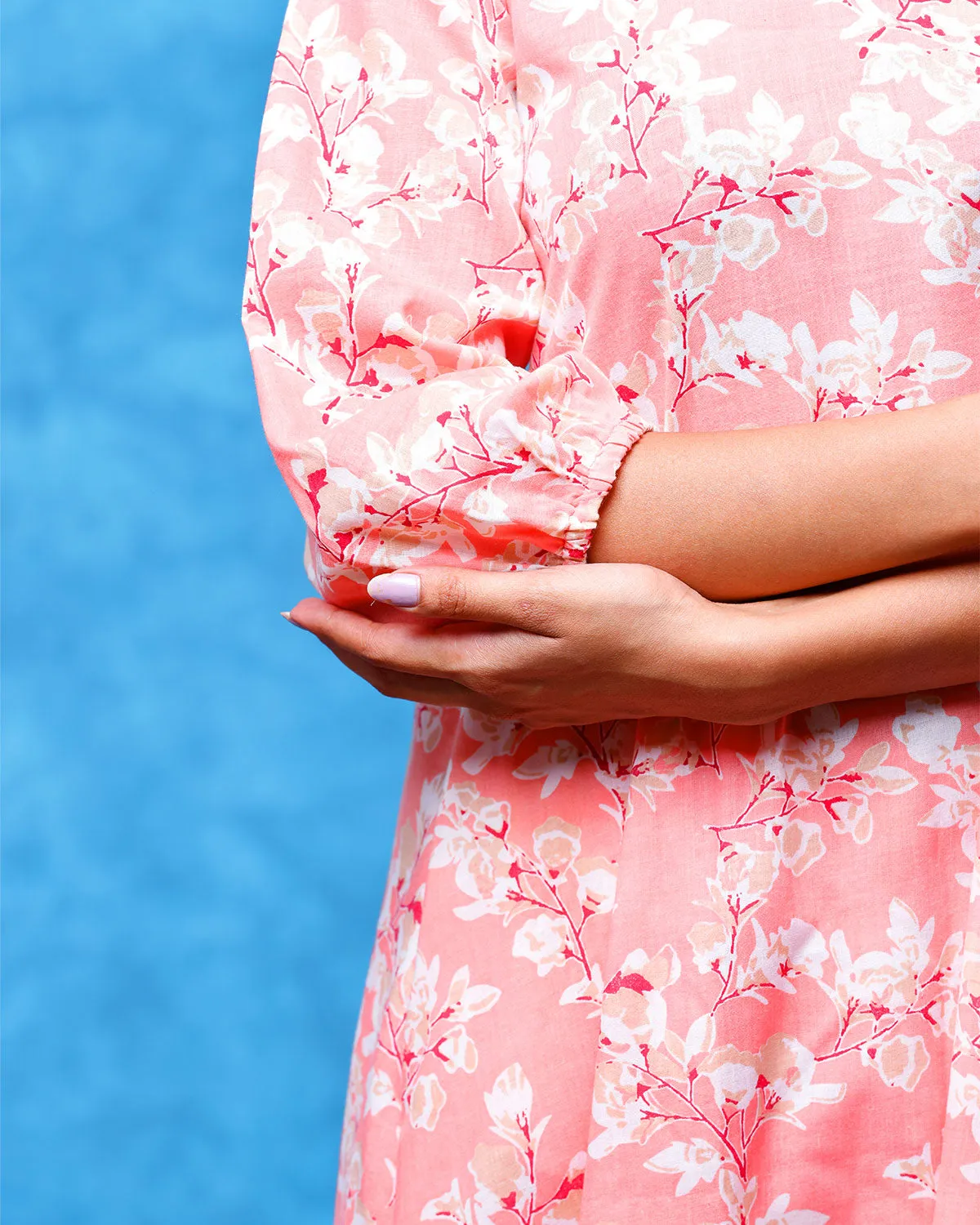 Peach Floral Printed Cotton Kurta Set