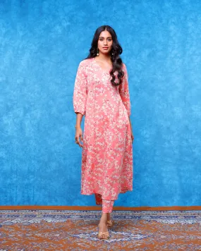 Peach Floral Printed Cotton Kurta Set