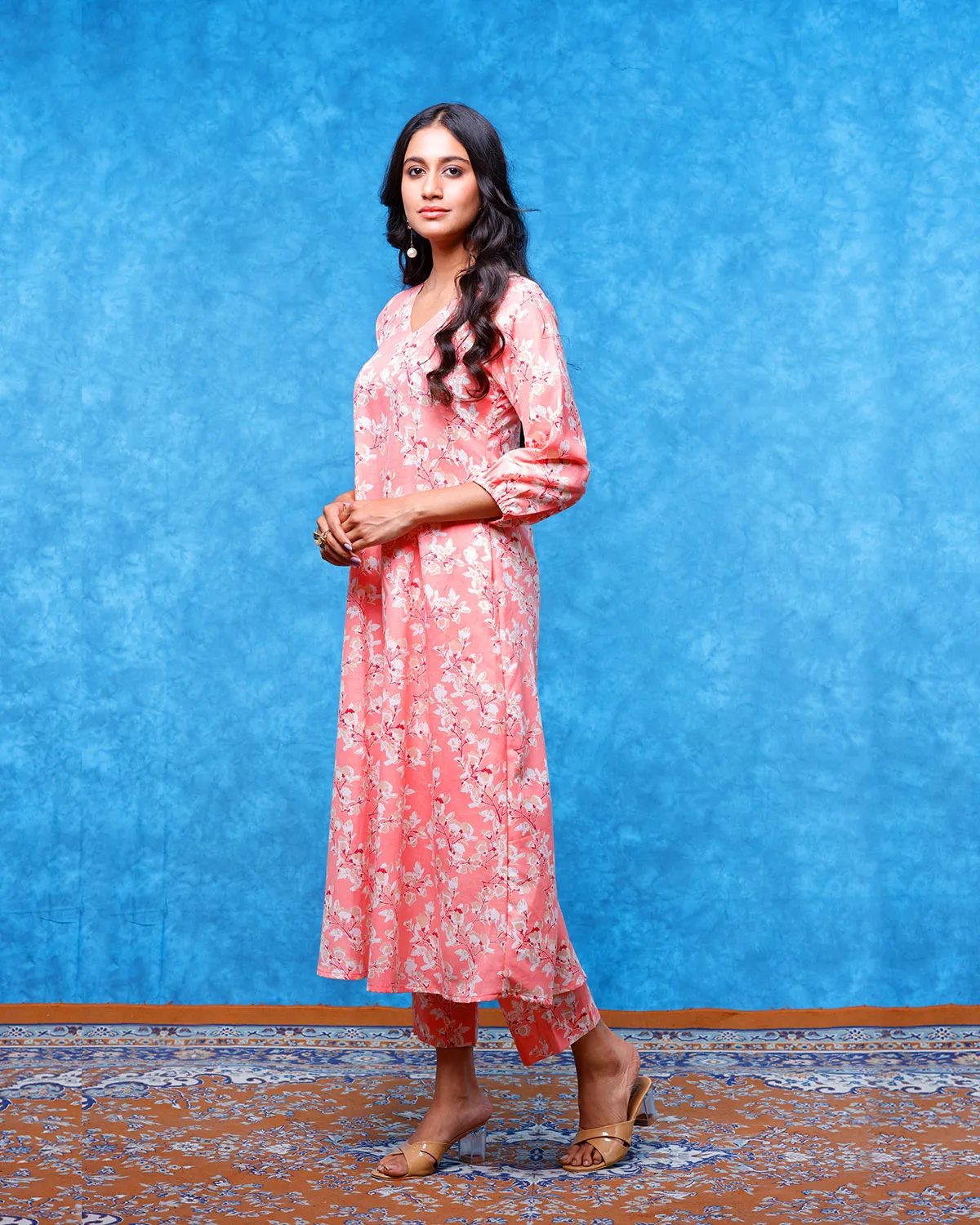 Peach Floral Printed Cotton Kurta Set