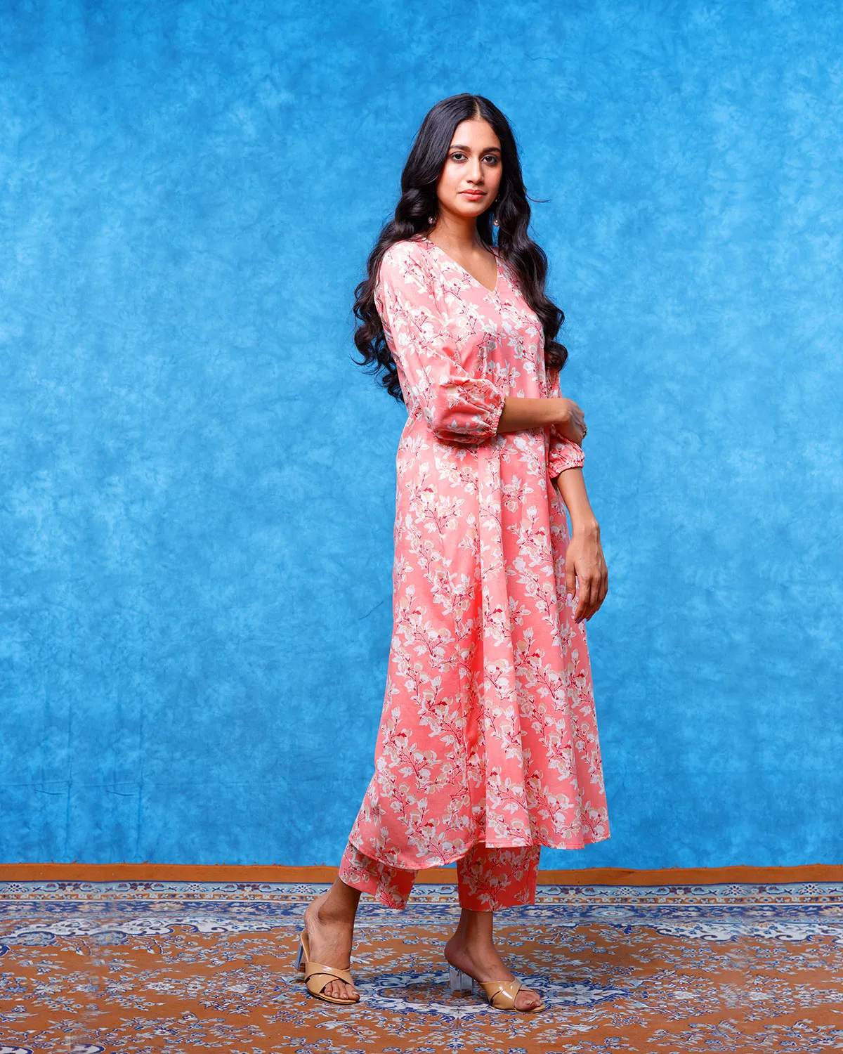 Peach Floral Printed Cotton Kurta Set