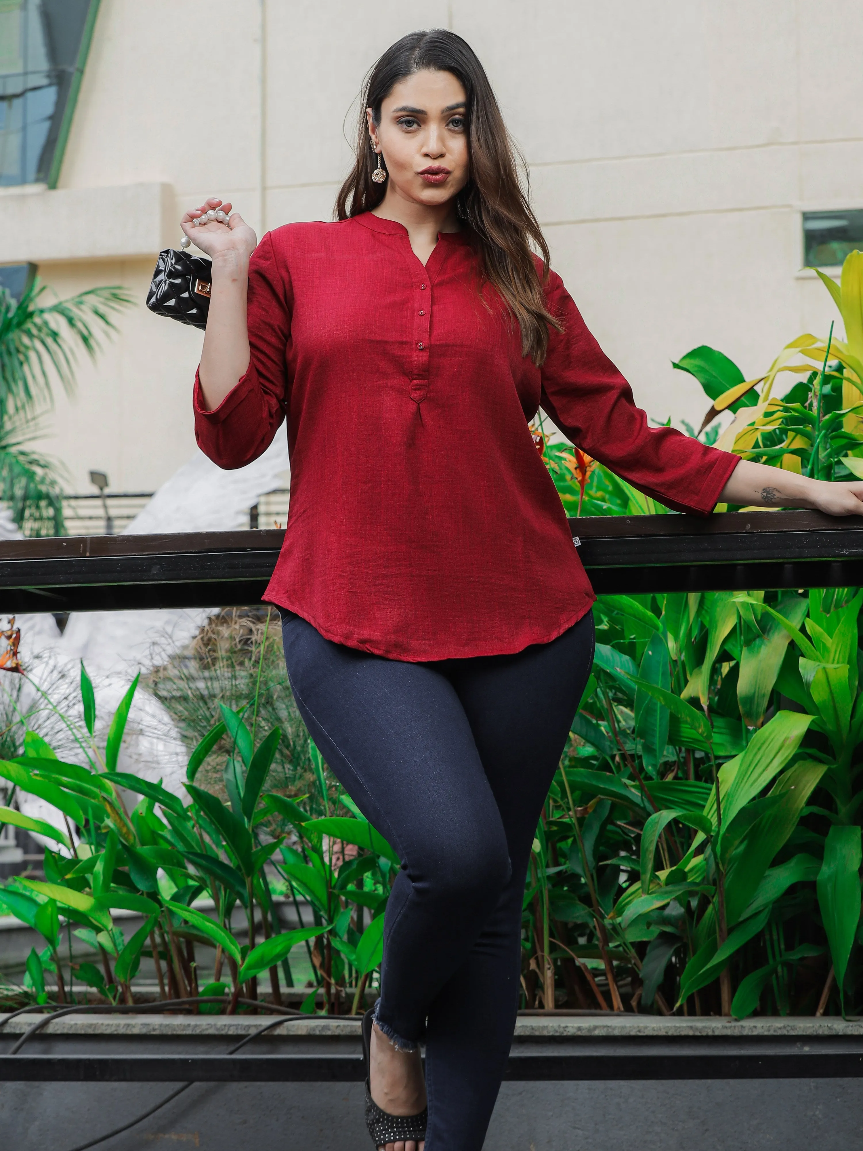 Premium Cotton Blend Top Fancy Neck Dark Red