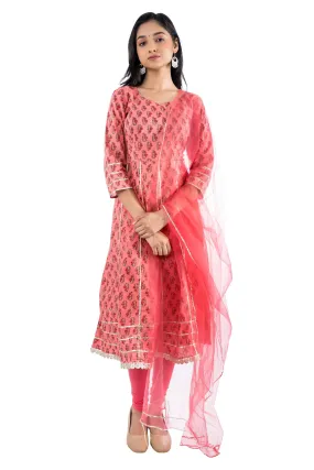 Printed cotton anarkali suit set with dupatta