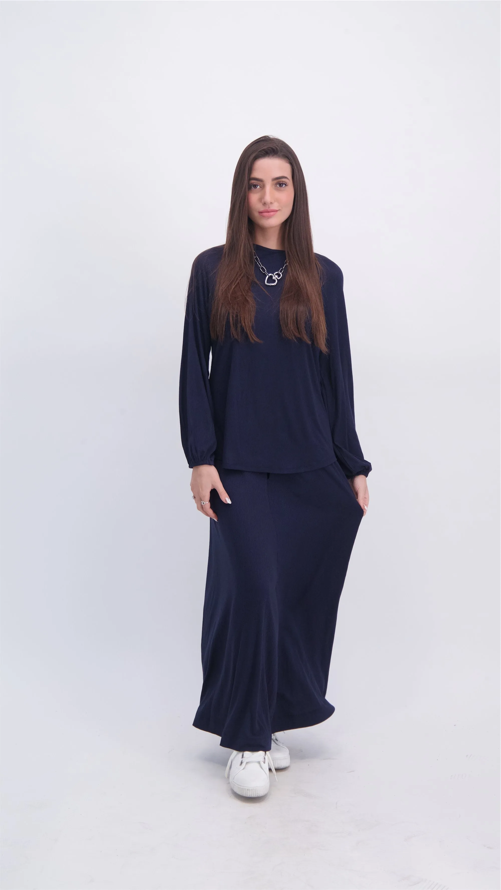 Ribbed A-line Maxi Skirt With Pockets / Navy / חצאית