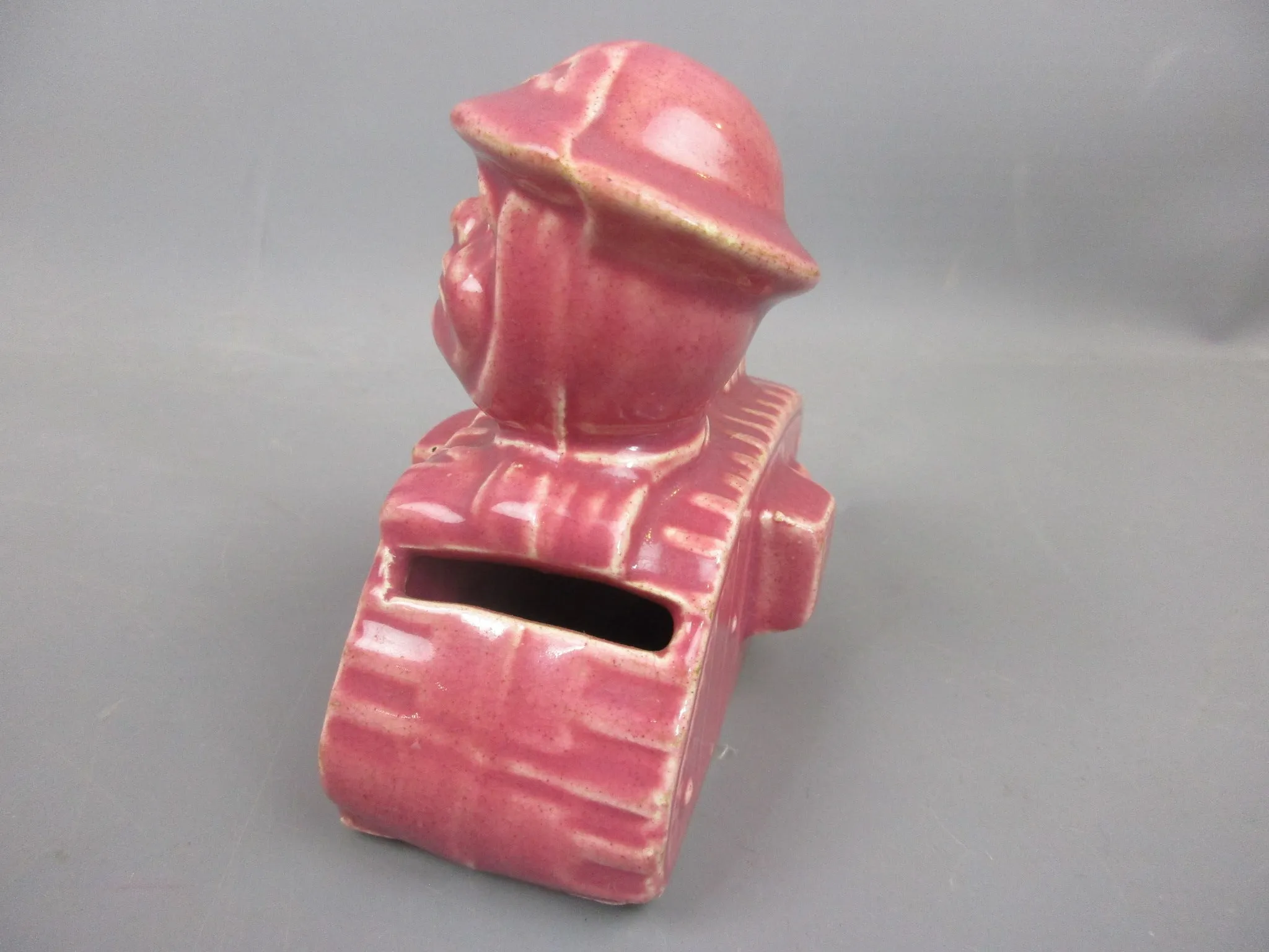 WWI Pink Glazed Tank Bank 'Where's That Blinking Kaiser' Match Striker Antique c1915