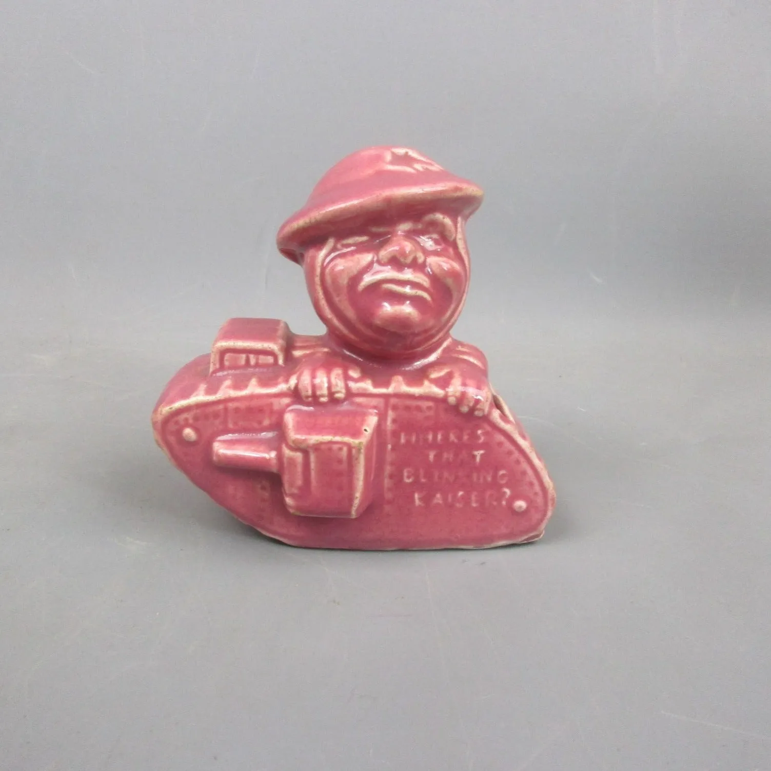 WWI Pink Glazed Tank Bank 'Where's That Blinking Kaiser' Match Striker Antique c1915